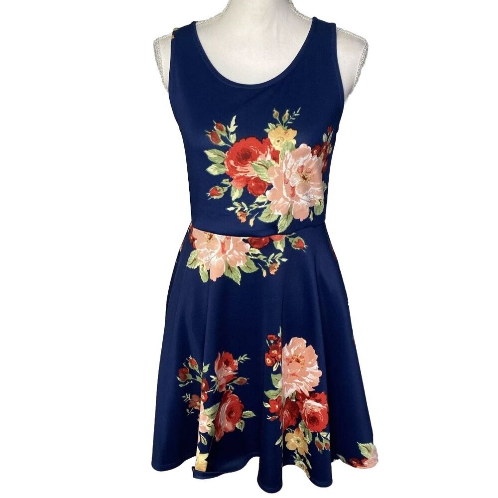 Agnes & Dora Dress Navy Blue And Red Flowers Sleeveless Size Small Made In USA